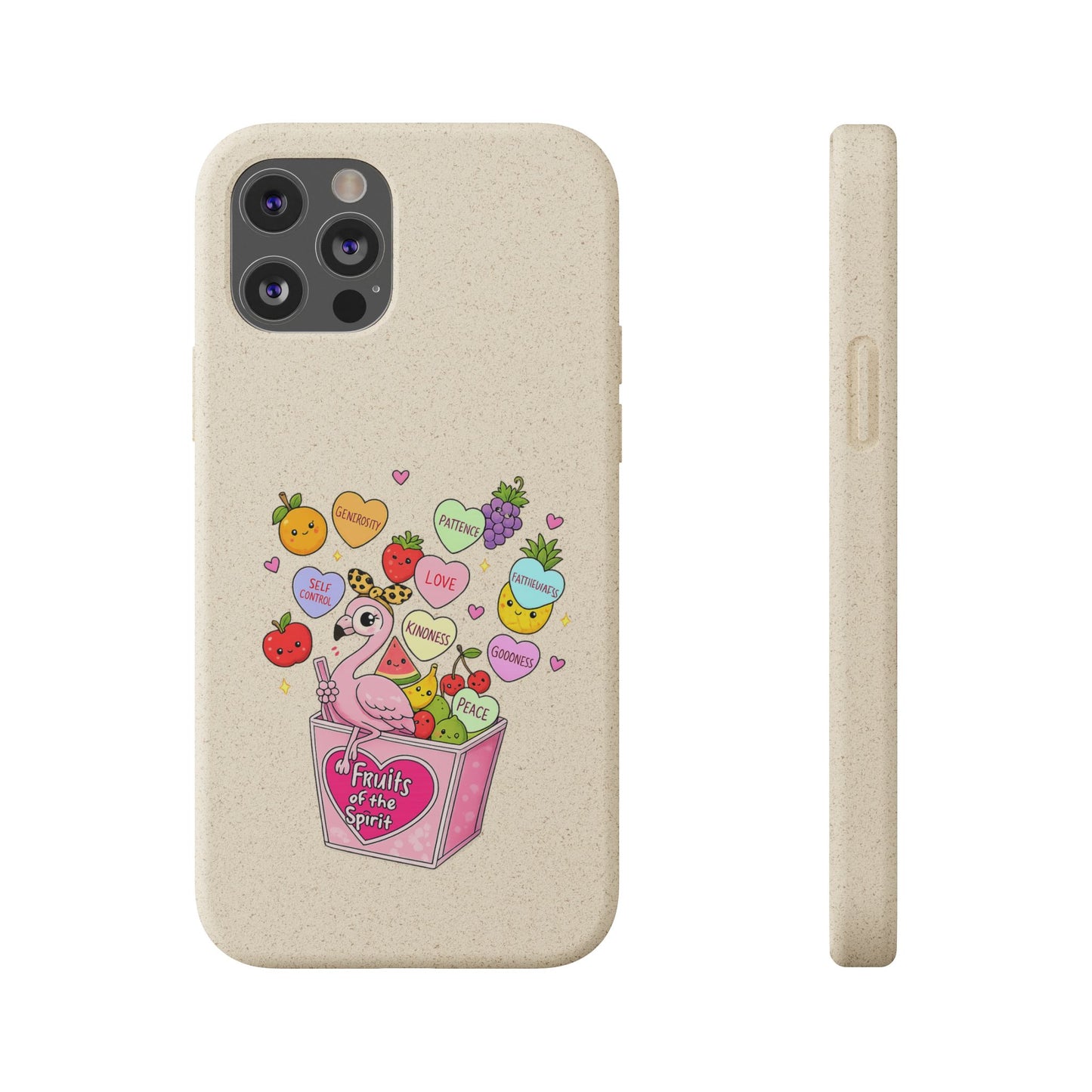Biodegradable Phone Case — Cute Flamingo & Fruit Hearts "Fruity Love" Eco-Friendly iPhone Cover