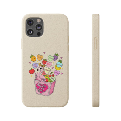 Biodegradable Phone Case — Cute Flamingo & Fruit Hearts "Fruity Love" Eco-Friendly iPhone Cover