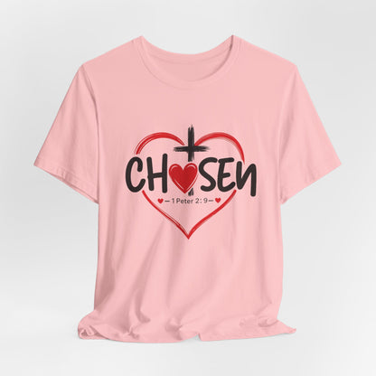 Chosen Heart Christian T-Shirt — "Chosen" with Cross & 1 Peter 2:9 Faith Tee