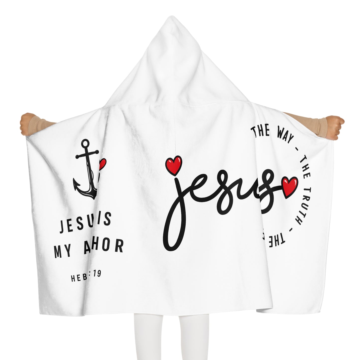 Youth Hooded Towel — "Jesus" Script with Hearts | Christian Bath & Beach Towel for Kids