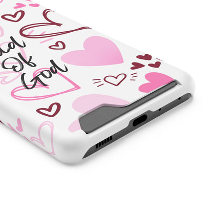Phone Case — "Child of God" Card Holder Case, Pink Hearts Christian Phone Cover