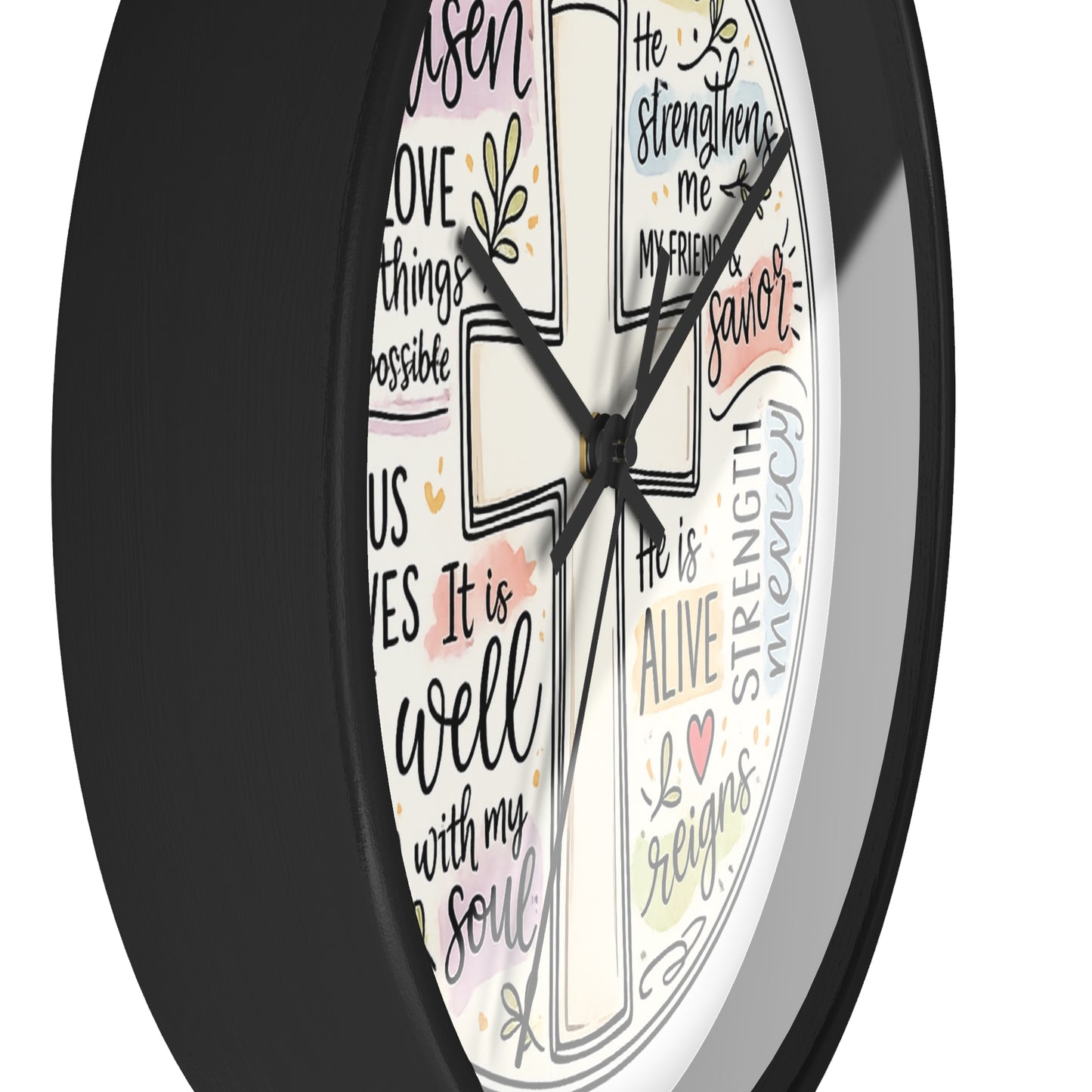 Christian Cross Wall Clock — Inspirational Scripture Quote Home Decor (He is Risen • It Is Well • Jesus Loves Me)