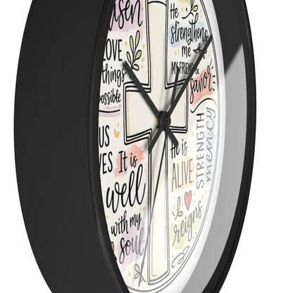 Christian Cross Wall Clock — Inspirational Scripture Quote Home Decor (He is Risen • It Is Well • Jesus Loves Me)