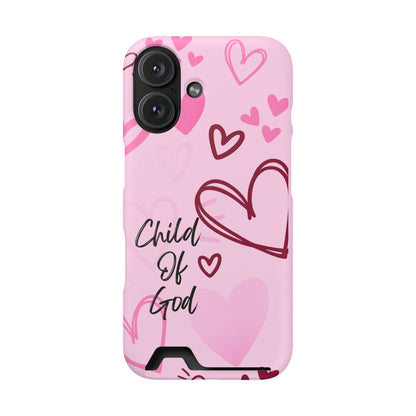 Pink "Child of God" Phone Card Case — Heart Pattern Religious Phone Case with Card Holder