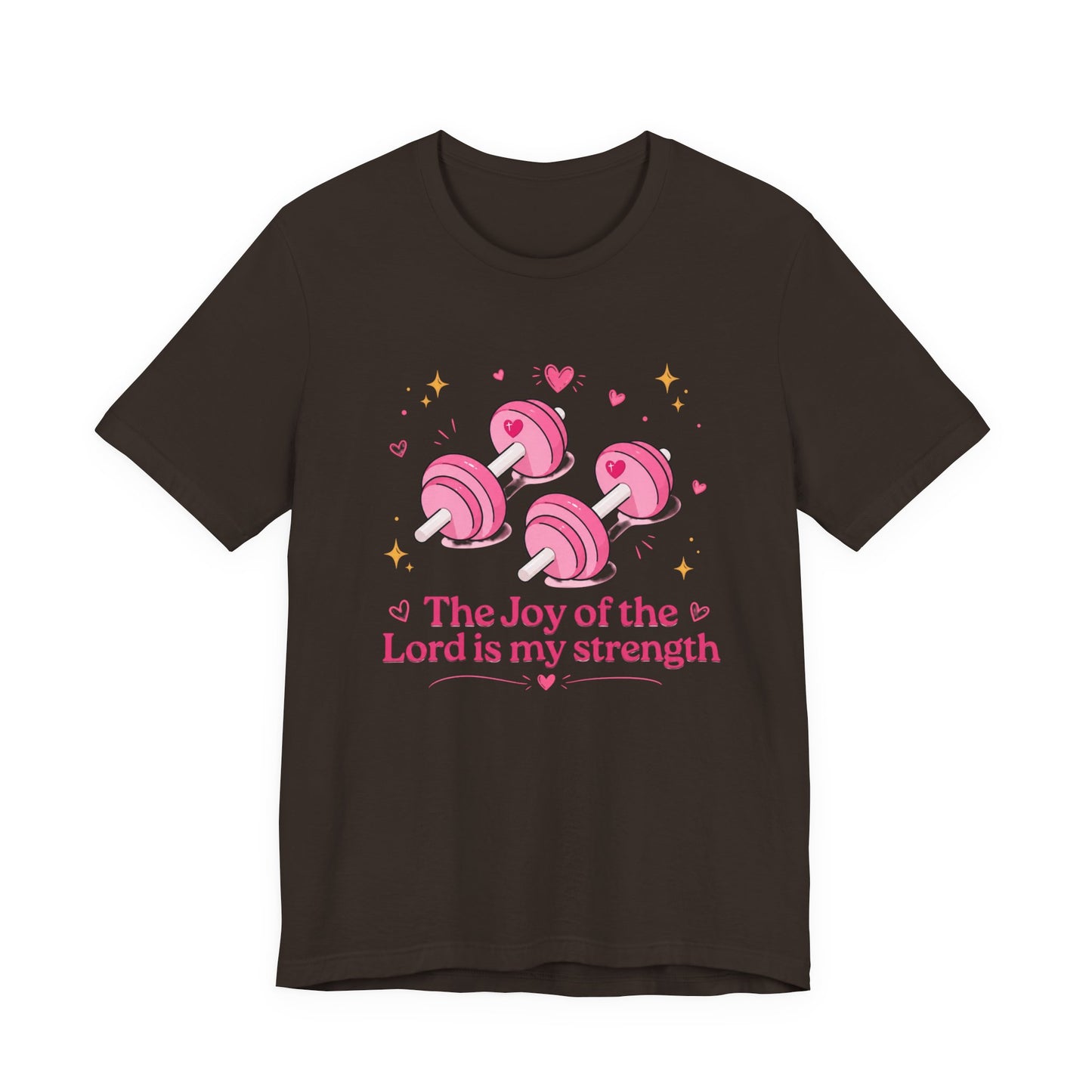 Christian Fitness T-Shirt — “The Joy of the Lord is My Strength” Pink Dumbbells Tee
