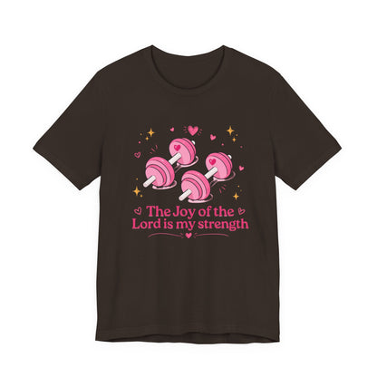 Christian Fitness T-Shirt — “The Joy of the Lord is My Strength” Pink Dumbbells Tee