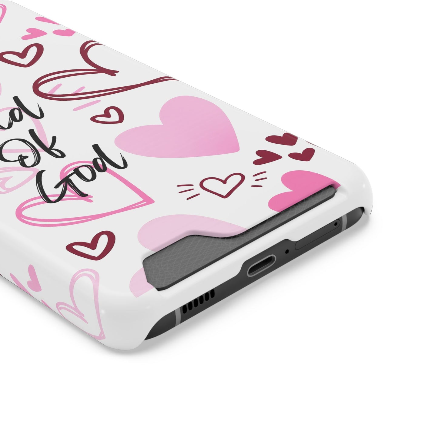 Phone Case — "Child of God" Card Holder Case, Pink Hearts Christian Phone Cover