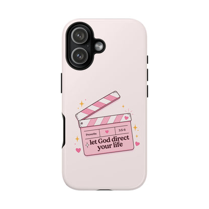 Pink Christian Phone Case — "Let God Direct Your Life" Cute Movie Clapper Design