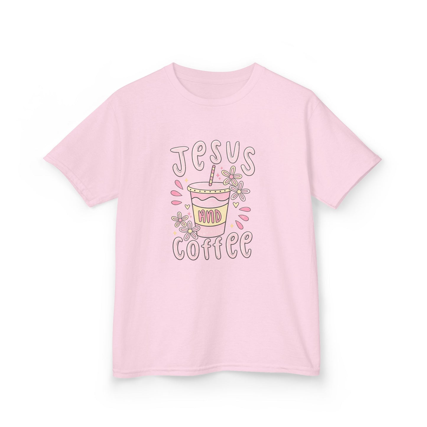 Kids Tee — “Jesus & Coffee” Cute Pastel Faith Graphic
