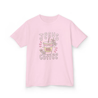 Kids Tee — “Jesus & Coffee” Cute Pastel Faith Graphic