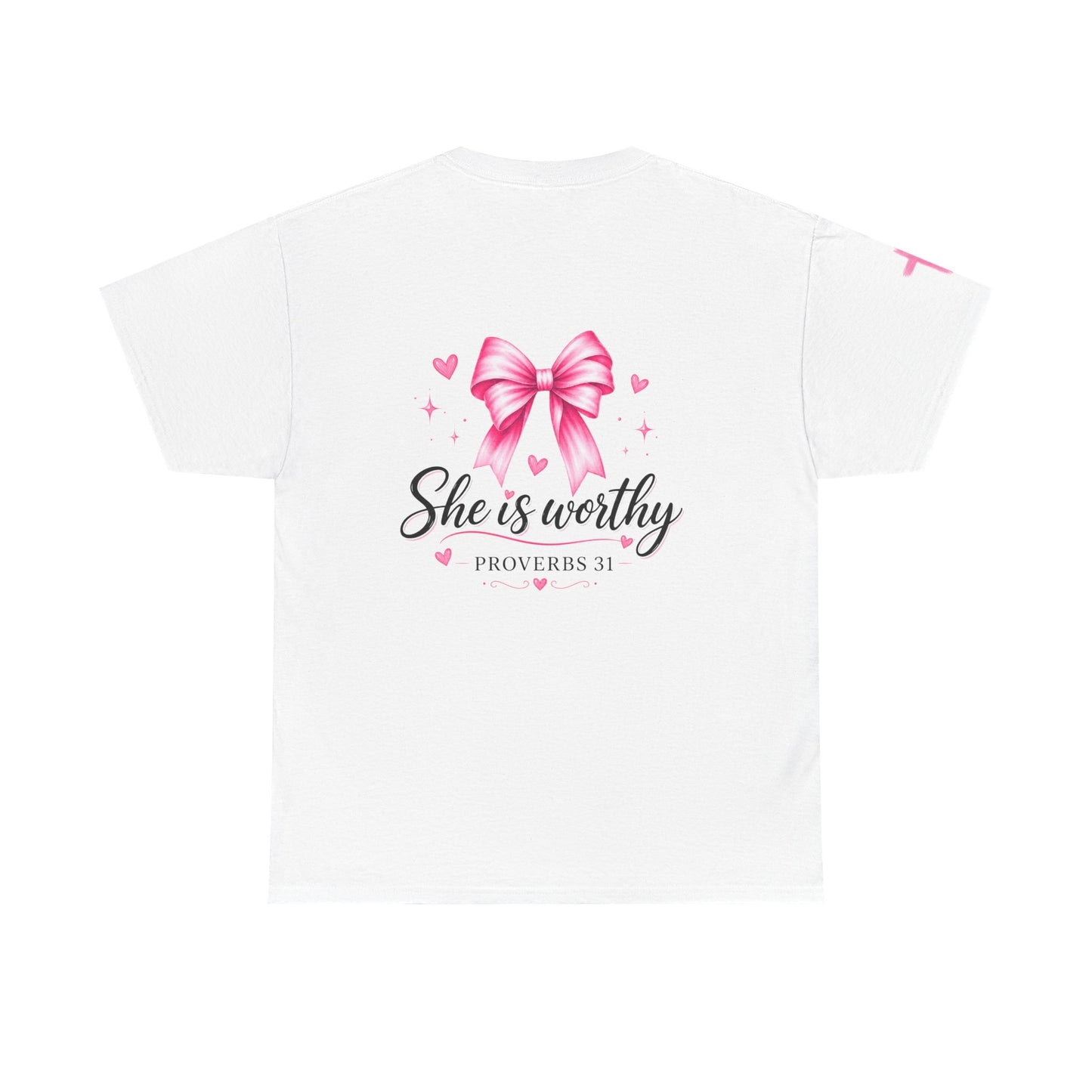 She Is Worthy T-Shirt — "I Know Jesus Loves Me" Pink Bow Christian Tee (Proverbs 31)