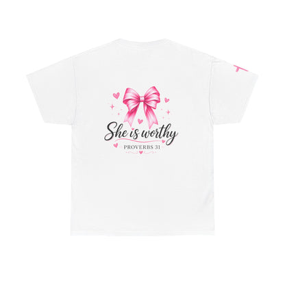 She Is Worthy T-Shirt — "I Know Jesus Loves Me" Pink Bow Christian Tee (Proverbs 31)