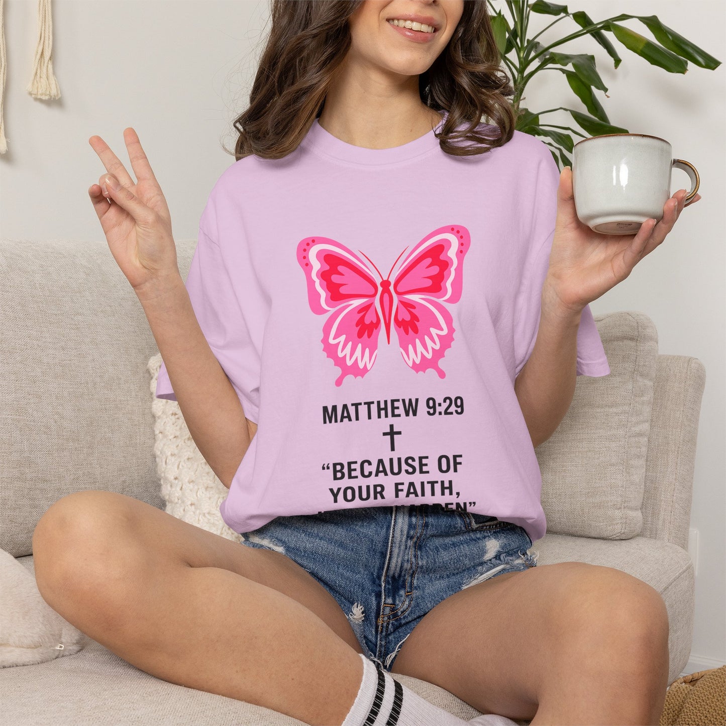 Faith Butterfly T-Shirt — Matthew 9:29 "Because of Your Faith, It Will Happen"