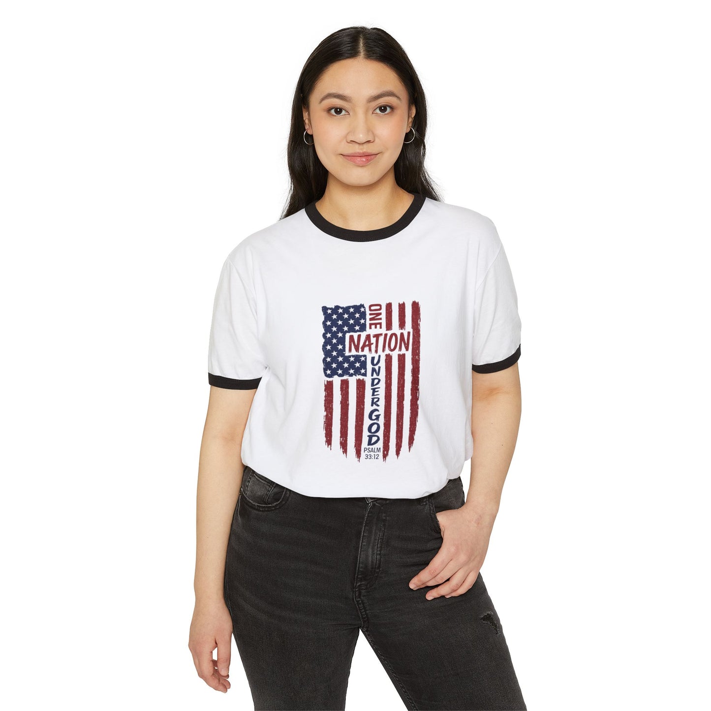One Nation Under God Ringer T‑Shirt — Vintage American Flag Patriotic Tee