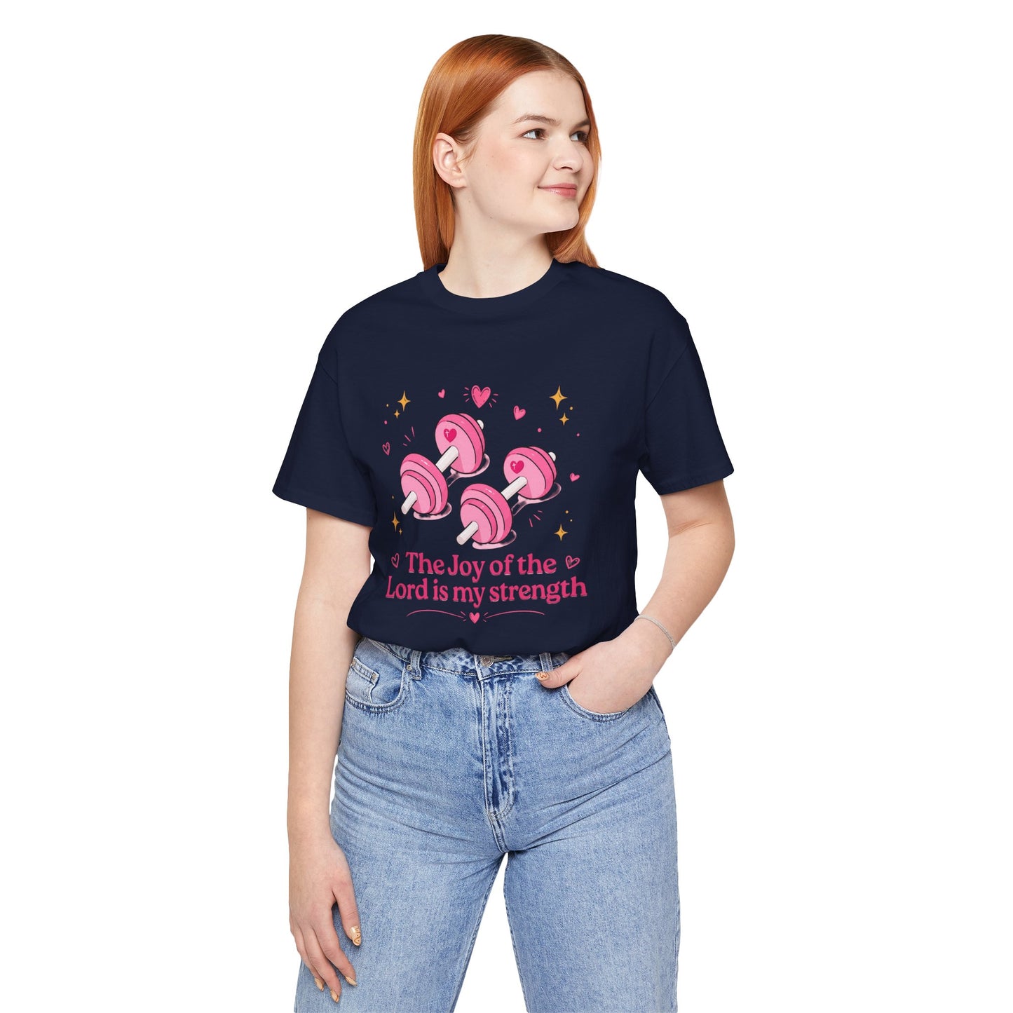 Christian Fitness T-Shirt — “The Joy of the Lord is My Strength” Pink Dumbbells Tee