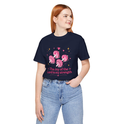 Christian Fitness T-Shirt — “The Joy of the Lord is My Strength” Pink Dumbbells Tee