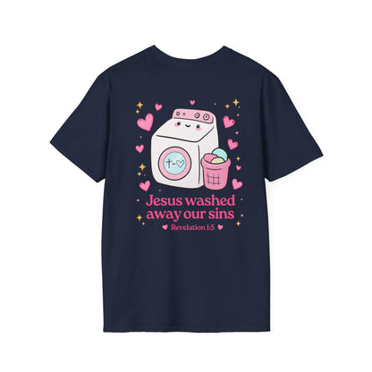 Christian T-Shirt – “Jesus Washed Away Our Sins” Cute Washing Machine Design
