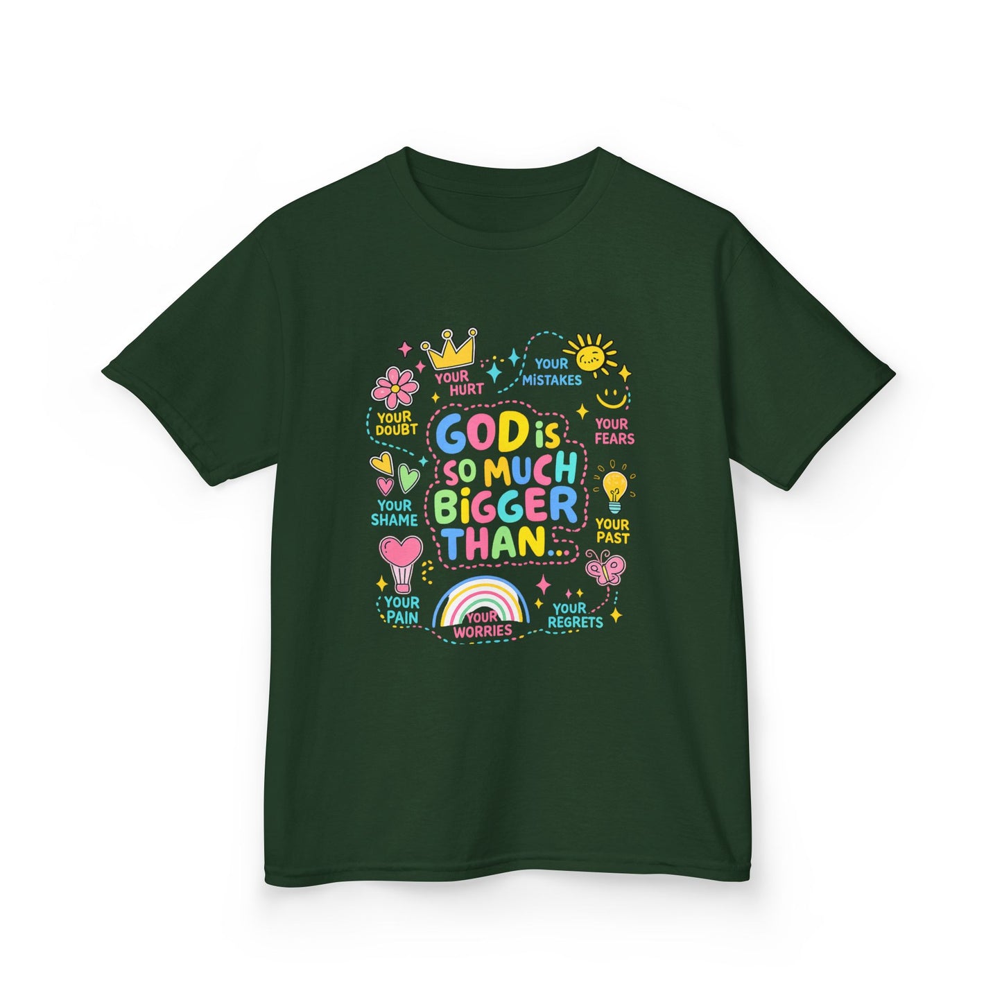 UNISEX Kids Tee — "God Is So Much Bigger Than" Colorful Faith Graphic