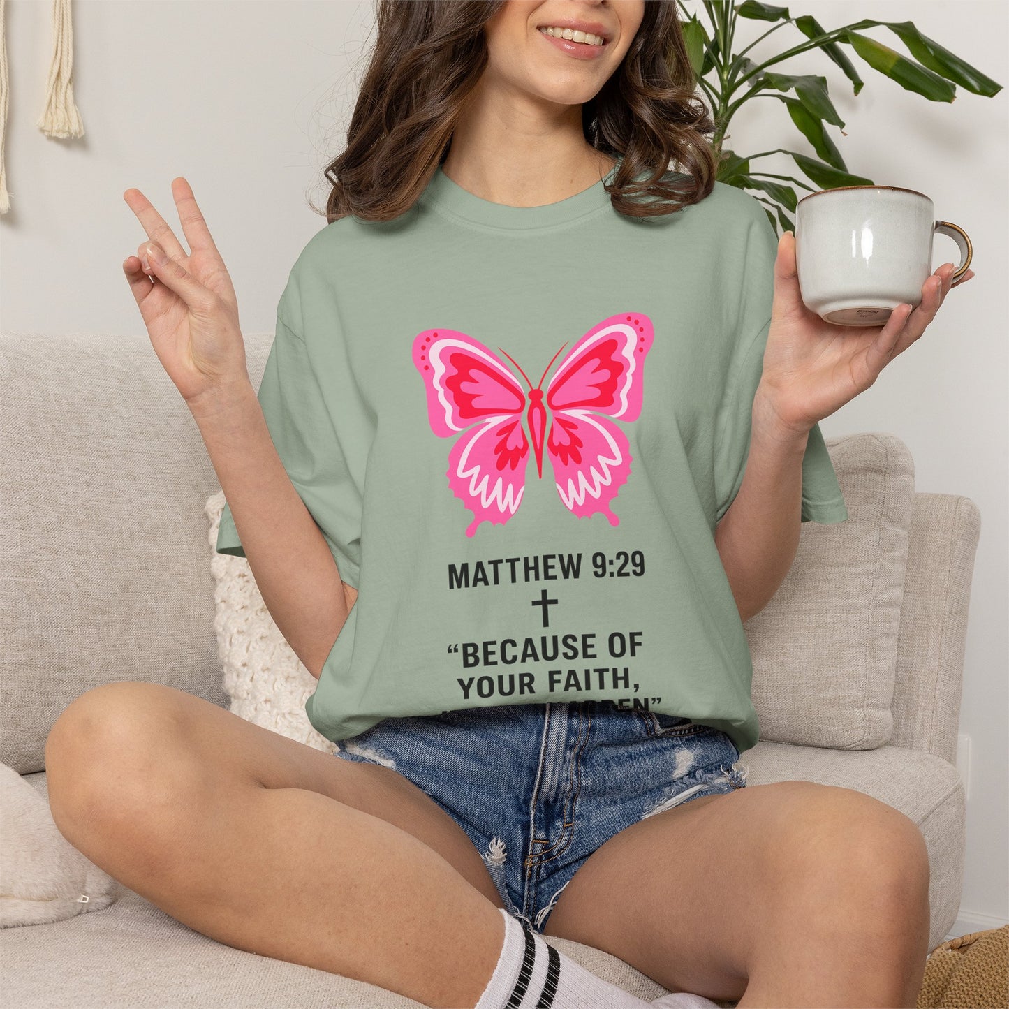 Faith Butterfly T-Shirt — Matthew 9:29 "Because of Your Faith, It Will Happen"