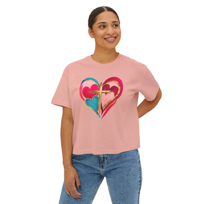 Heart Cross Women's Boxy Tee — Colorful Watercolor Heart Graphic