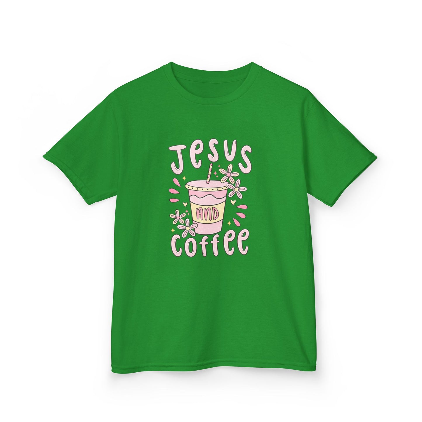 Kids Tee — “Jesus & Coffee” Cute Pastel Faith Graphic