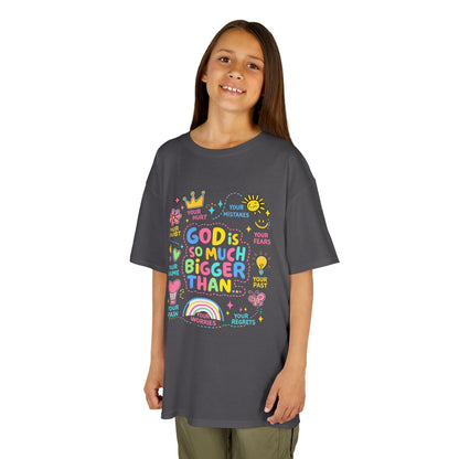 UNISEX Kids Tee — "God Is So Much Bigger Than" Colorful Faith Graphic