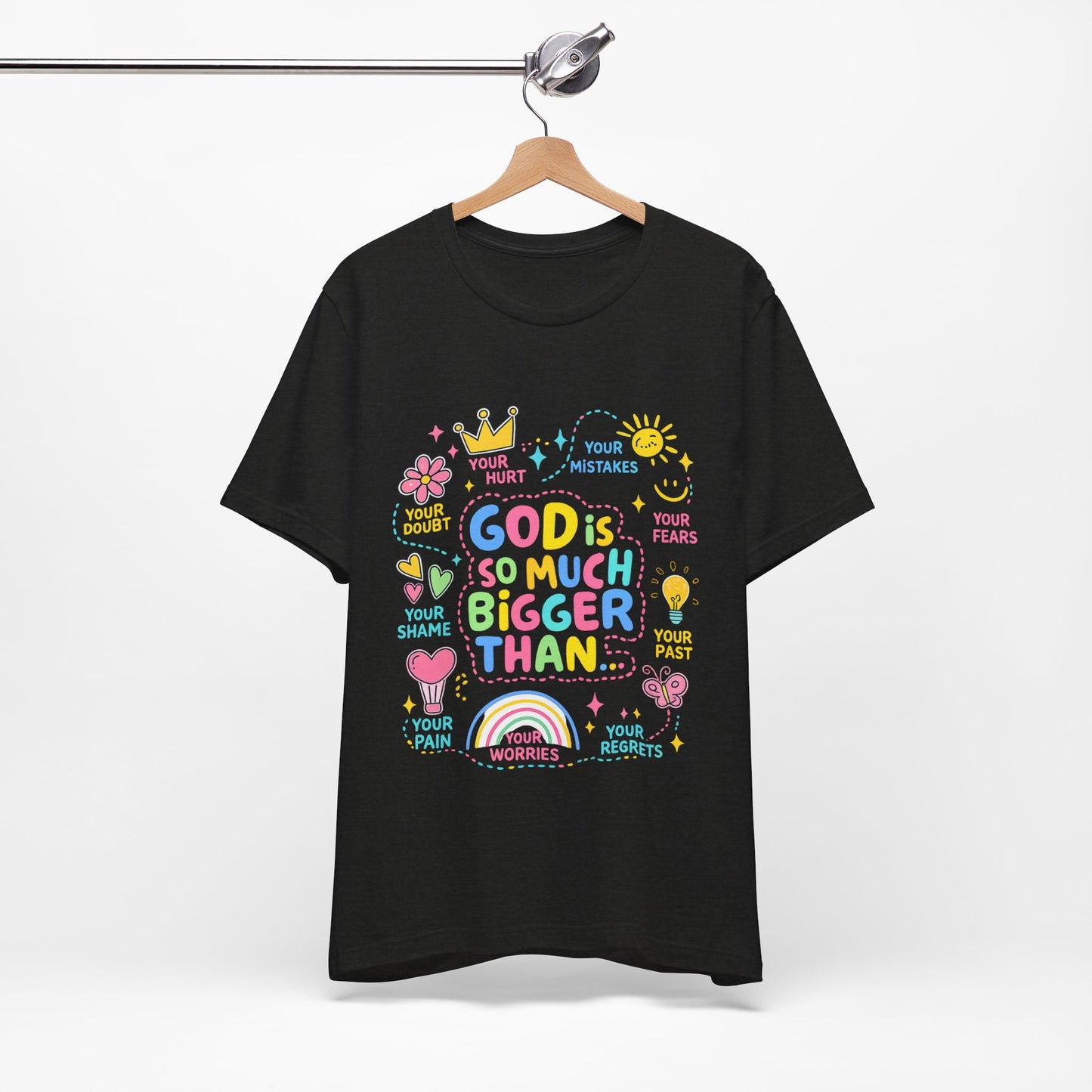 Christian T‑Shirt — "God Is So Much Bigger Than..." Pastel Faith Tee