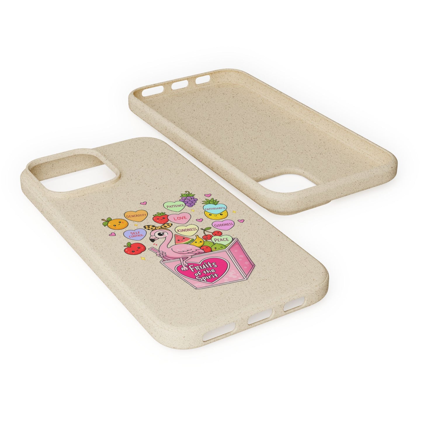 Biodegradable Phone Case — Cute Flamingo & Fruit Hearts "Fruity Love" Eco-Friendly iPhone Cover