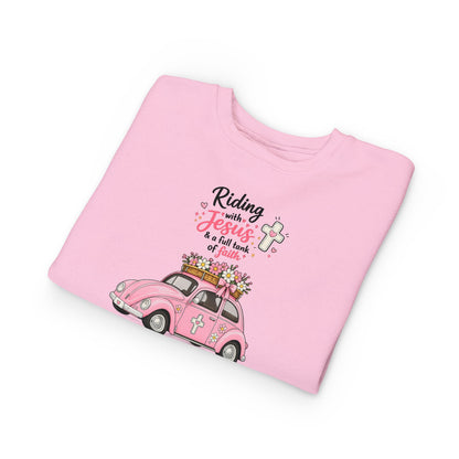 Toddler Sweatshirt - "Riding with Jesus" Pink Beetle Faith Kids Pullover