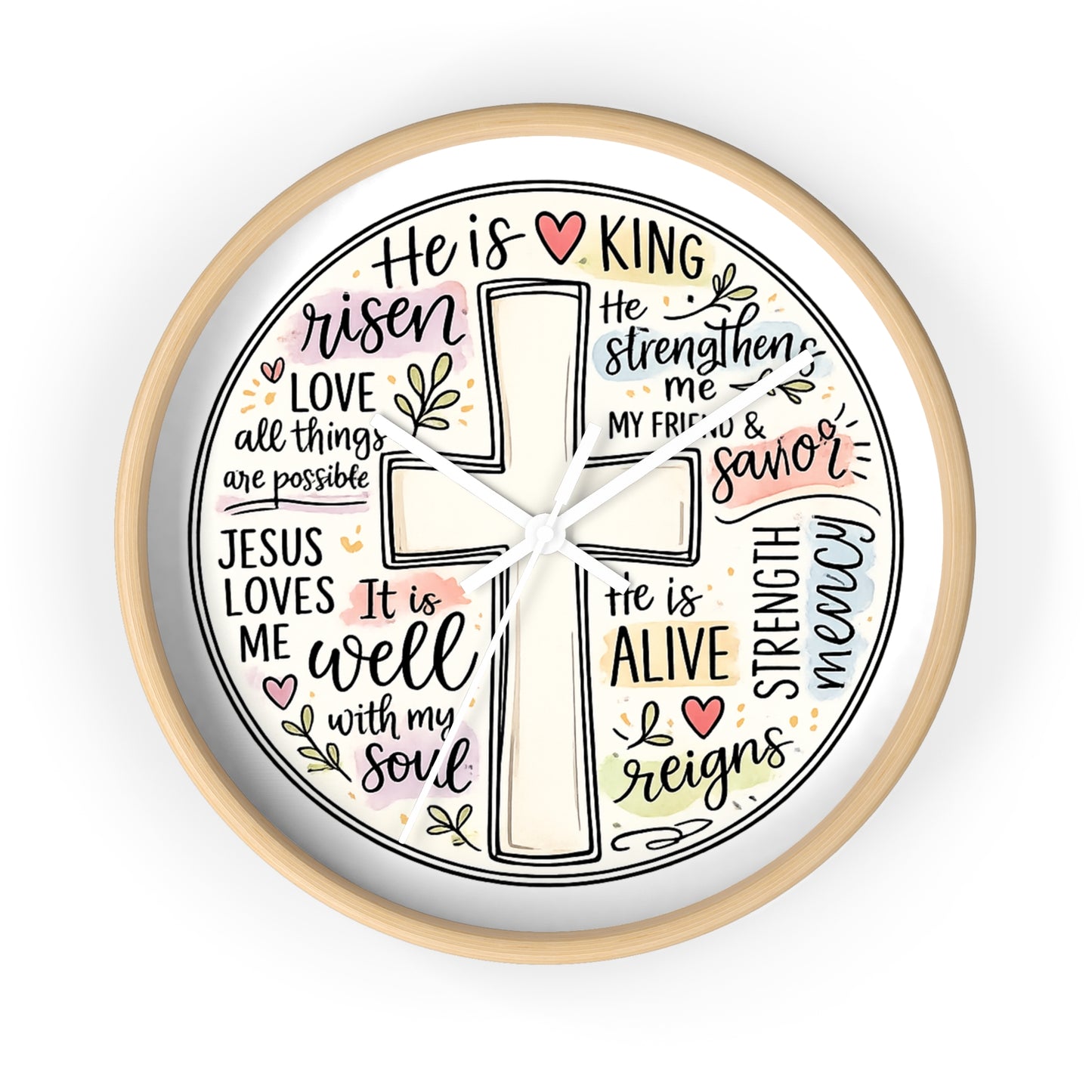 Christian Cross Wall Clock — Inspirational Scripture Quote Home Decor (He is Risen • It Is Well • Jesus Loves Me)