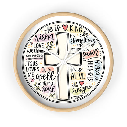 Christian Cross Wall Clock — Inspirational Scripture Quote Home Decor (He is Risen • It Is Well • Jesus Loves Me)