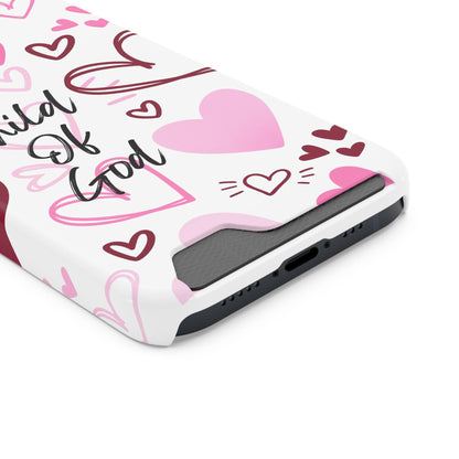 Phone Case — "Child of God" Card Holder Case, Pink Hearts Christian Phone Cover