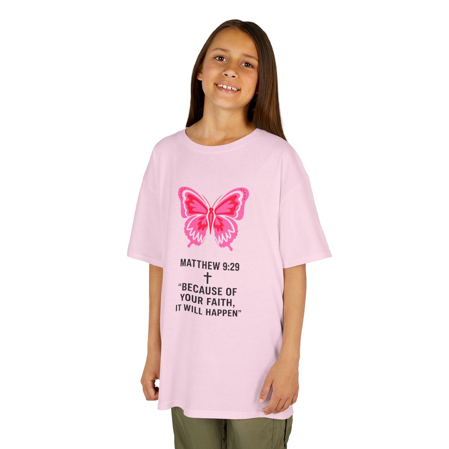 Kids Tee — Pink Butterfly with Matthew 9:29 Inspirational Faith Quote