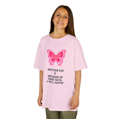 Kids Tee — Pink Butterfly with Matthew 9:29 Inspirational Faith Quote