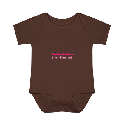 Infant Bodysuit – "God Is Within Her She Will Not Fall" Pink Cross Christian Baby Onesie