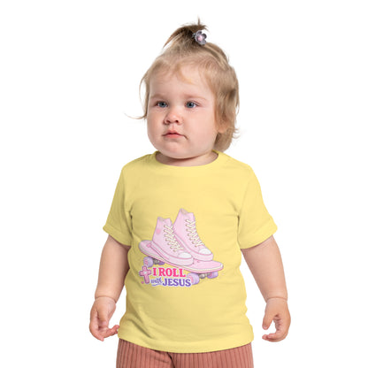Baby T-Shirt — Pink Roller Skates "I Roll with Jesus" | Christian Infant Tee
