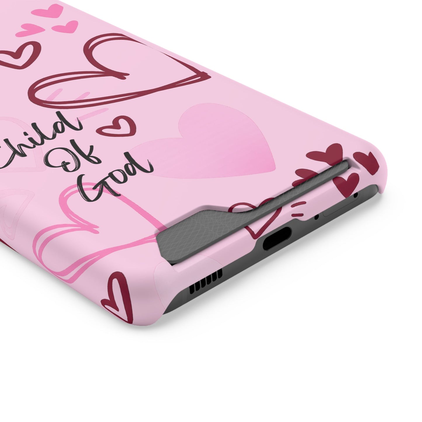 Pink "Child of God" Phone Card Case — Heart Pattern Religious Phone Case with Card Holder