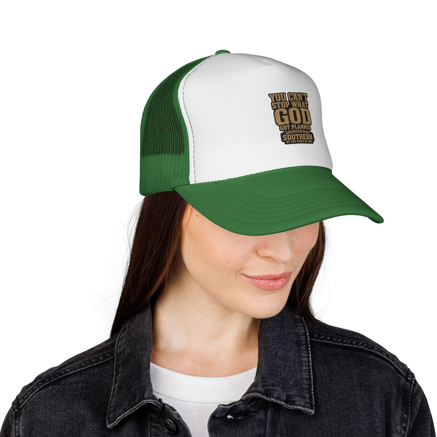 Southern Faith Trucker Cap — "You Can't Stop What God Got Planned" Mesh Hat