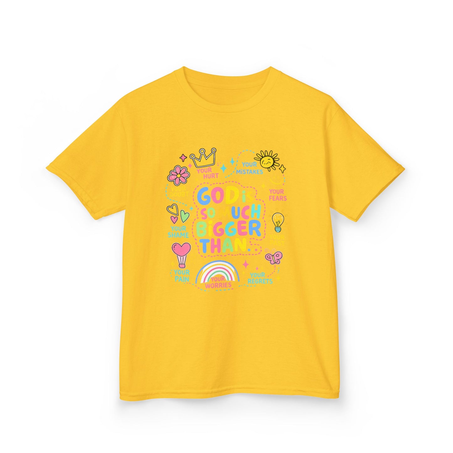 UNISEX Kids Tee — "God Is So Much Bigger Than" Colorful Faith Graphic