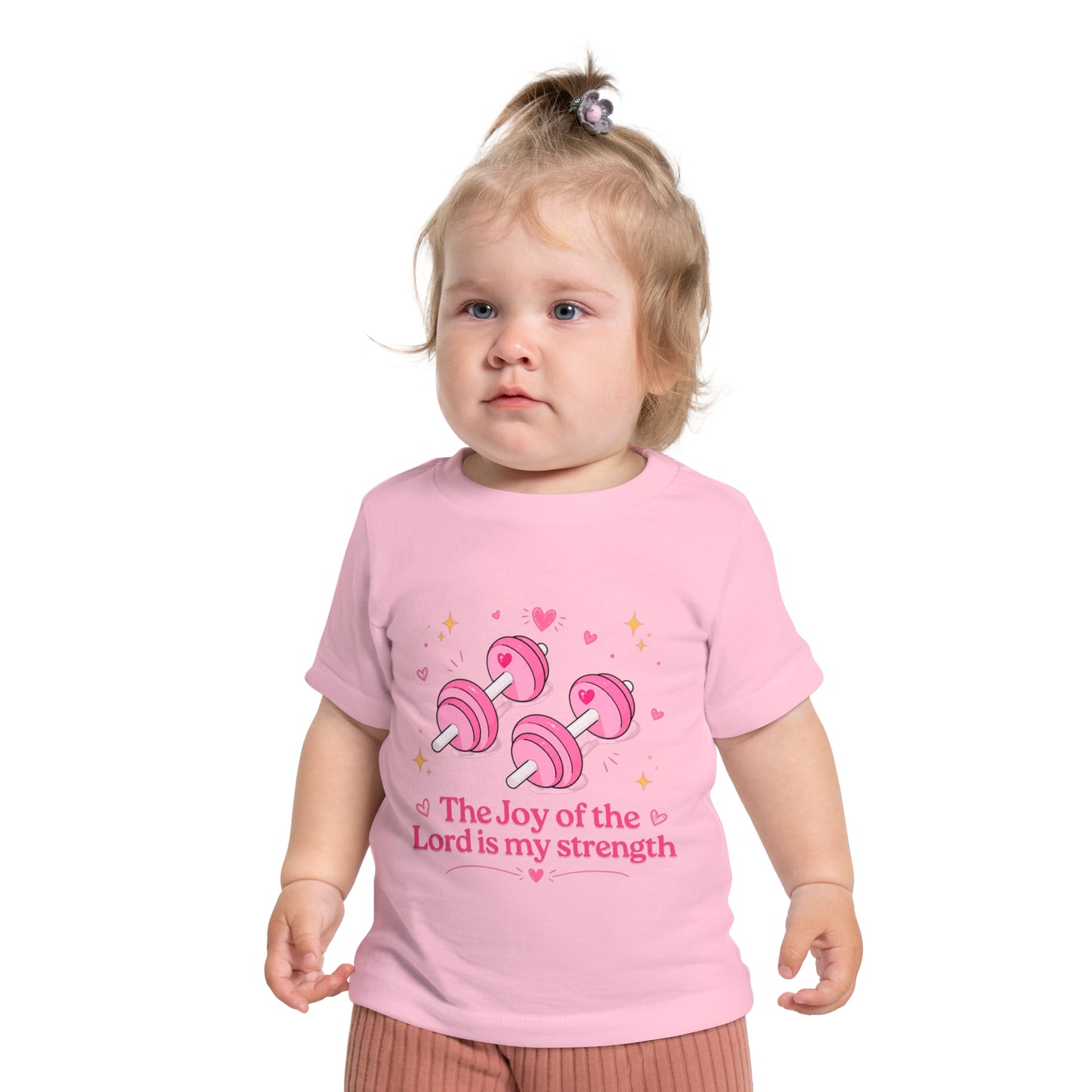 Baby Tee — "The Joy of the Lord is My Strength" Pink Dumbbell Christian Infant Shirt