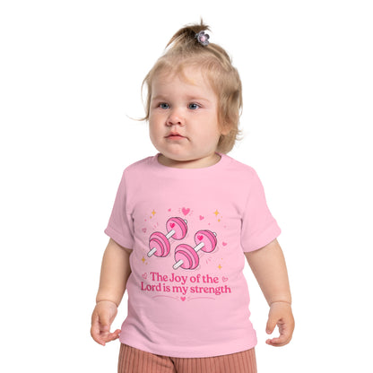 Baby Tee — "The Joy of the Lord is My Strength" Pink Dumbbell Christian Infant Shirt