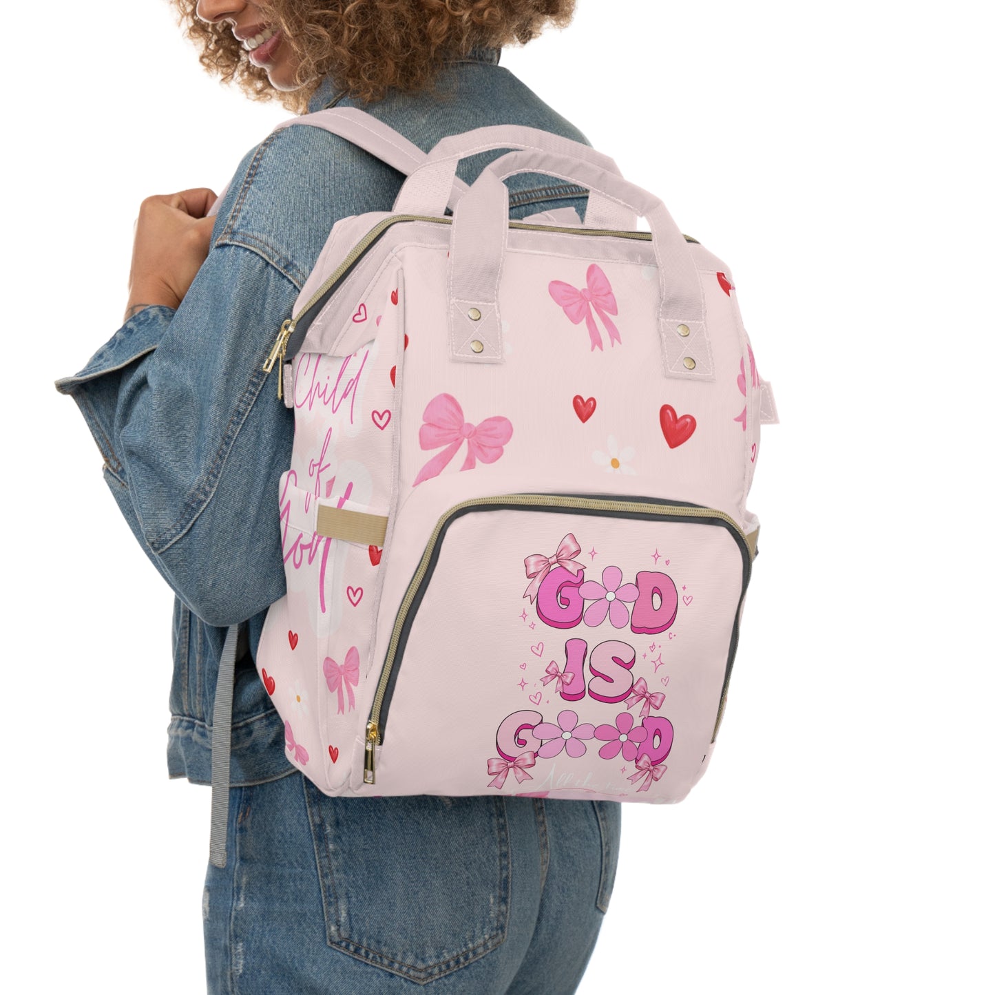 Pink Christian Diaper Backpack — "God Is Good" Baby Bag with Cross & Psalm 147:3 Design