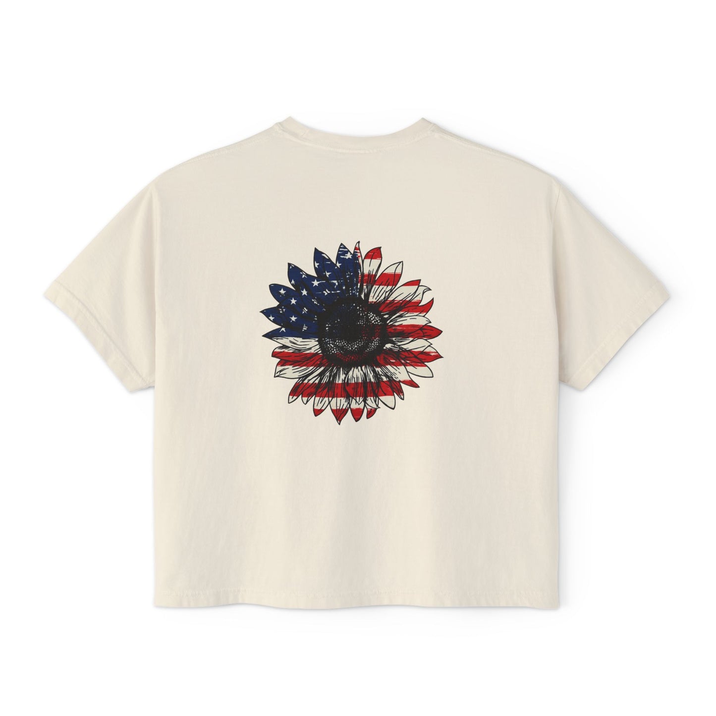 Created With a Purpose Women's Boxy Tee — Patriotic Sunflower Back Graphic