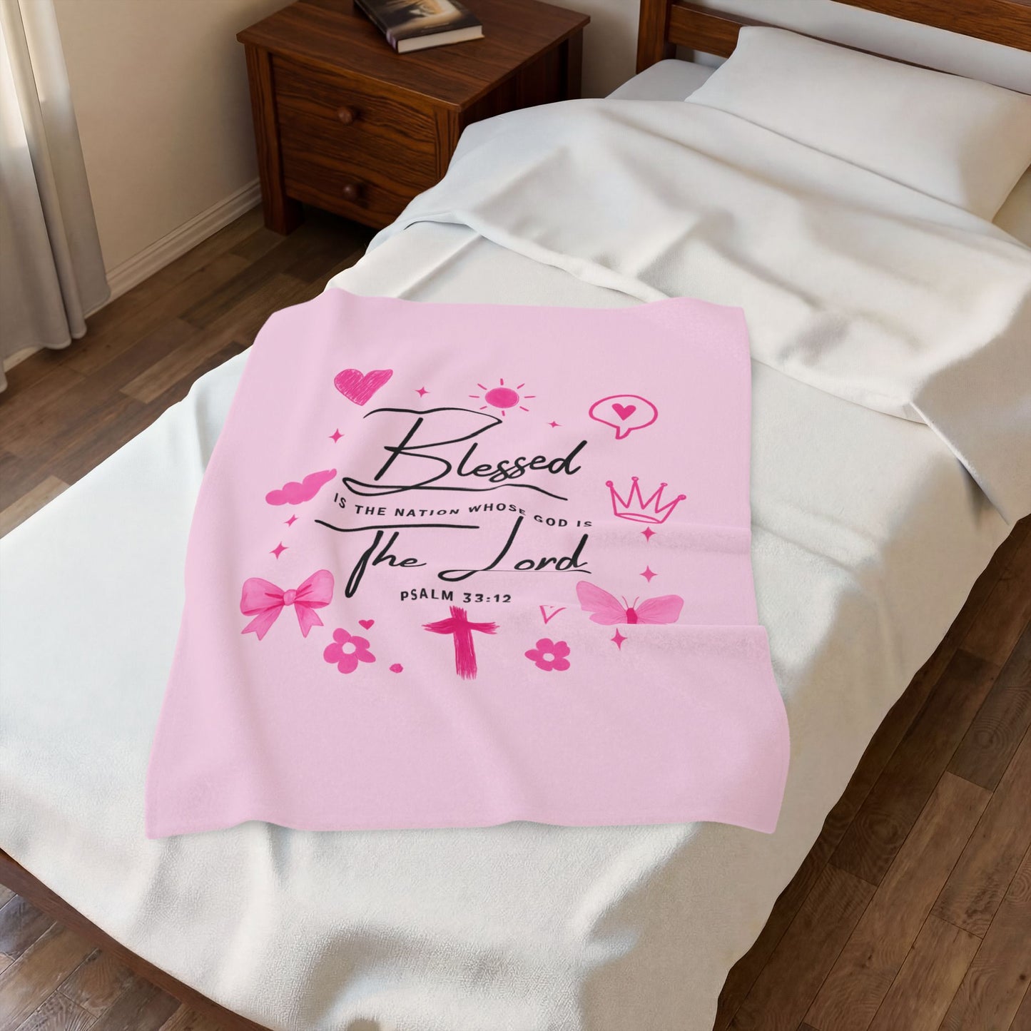 Blessed by the Lord Velveteen Plush Blanket — Pink Christian Scripture Psalm 33:12 Throw