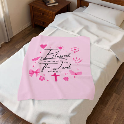 Blessed by the Lord Velveteen Plush Blanket — Pink Christian Scripture Psalm 33:12 Throw