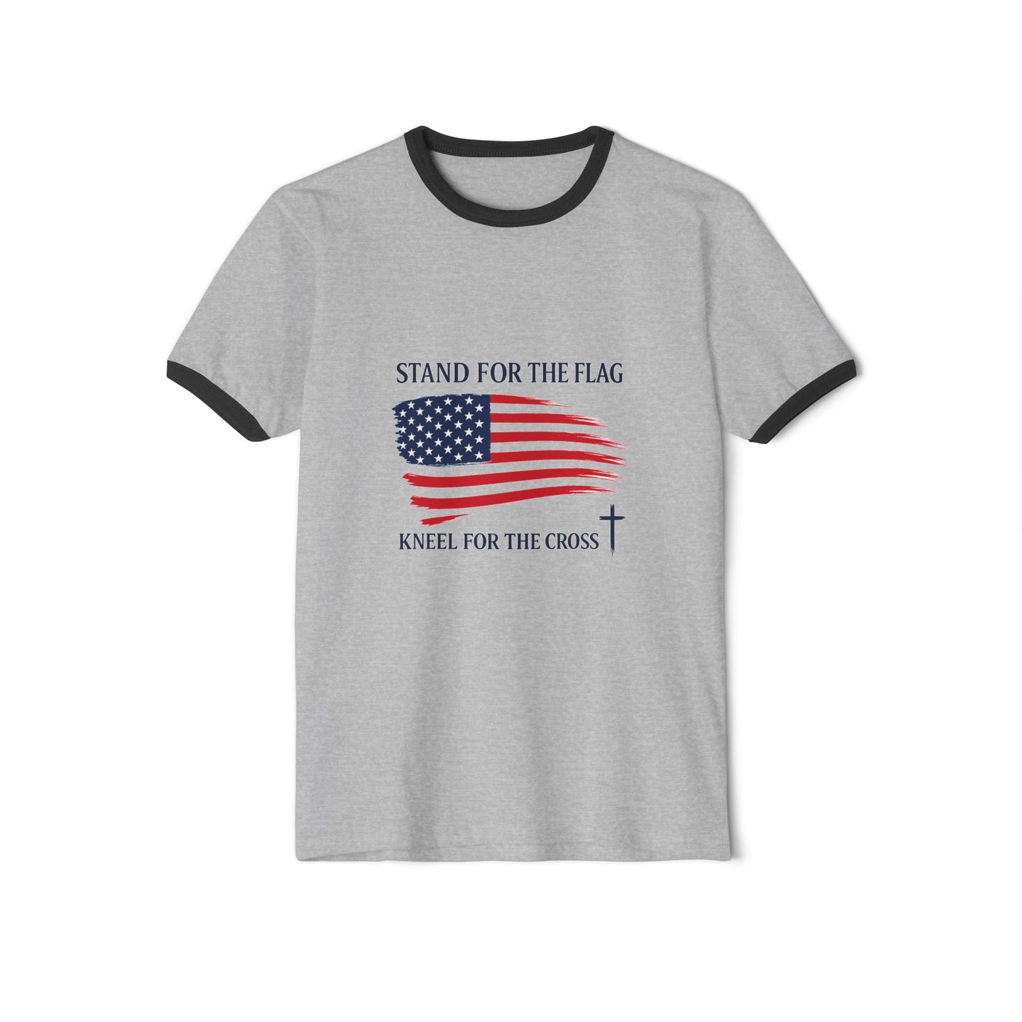 Stand for the Flag, Kneel for the Cross Ringer T-Shirt — America 250 Patriotic Tee