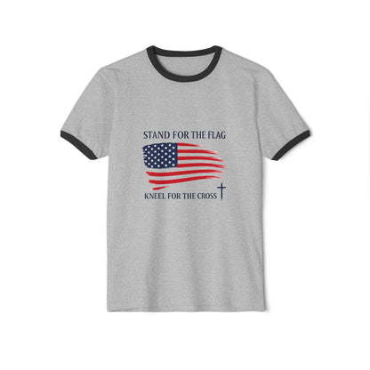 Stand for the Flag, Kneel for the Cross Ringer T-Shirt — America 250 Patriotic Tee