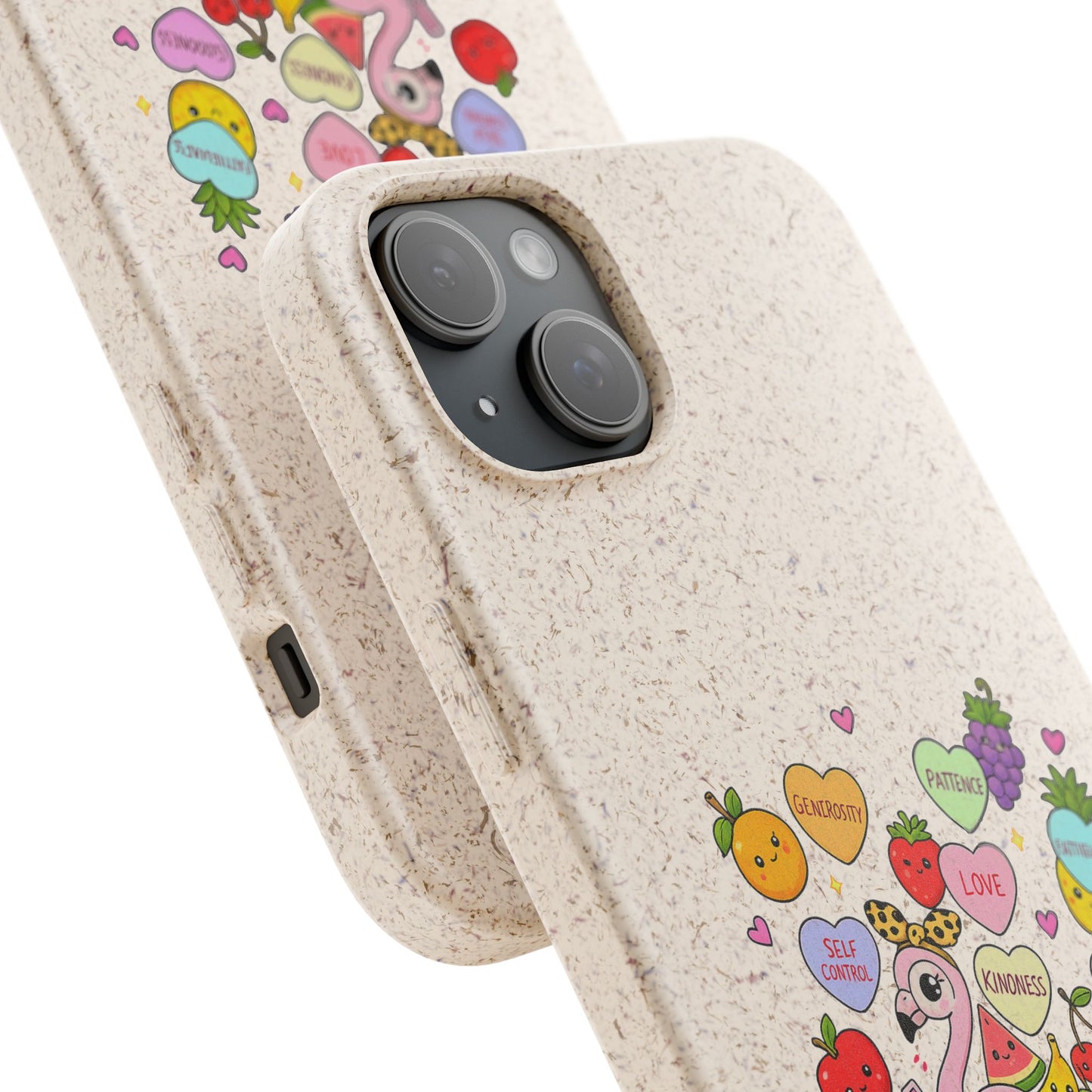 Biodegradable Phone Case — Cute Flamingo & Fruit Hearts "Fruity Love" Eco-Friendly iPhone Cover