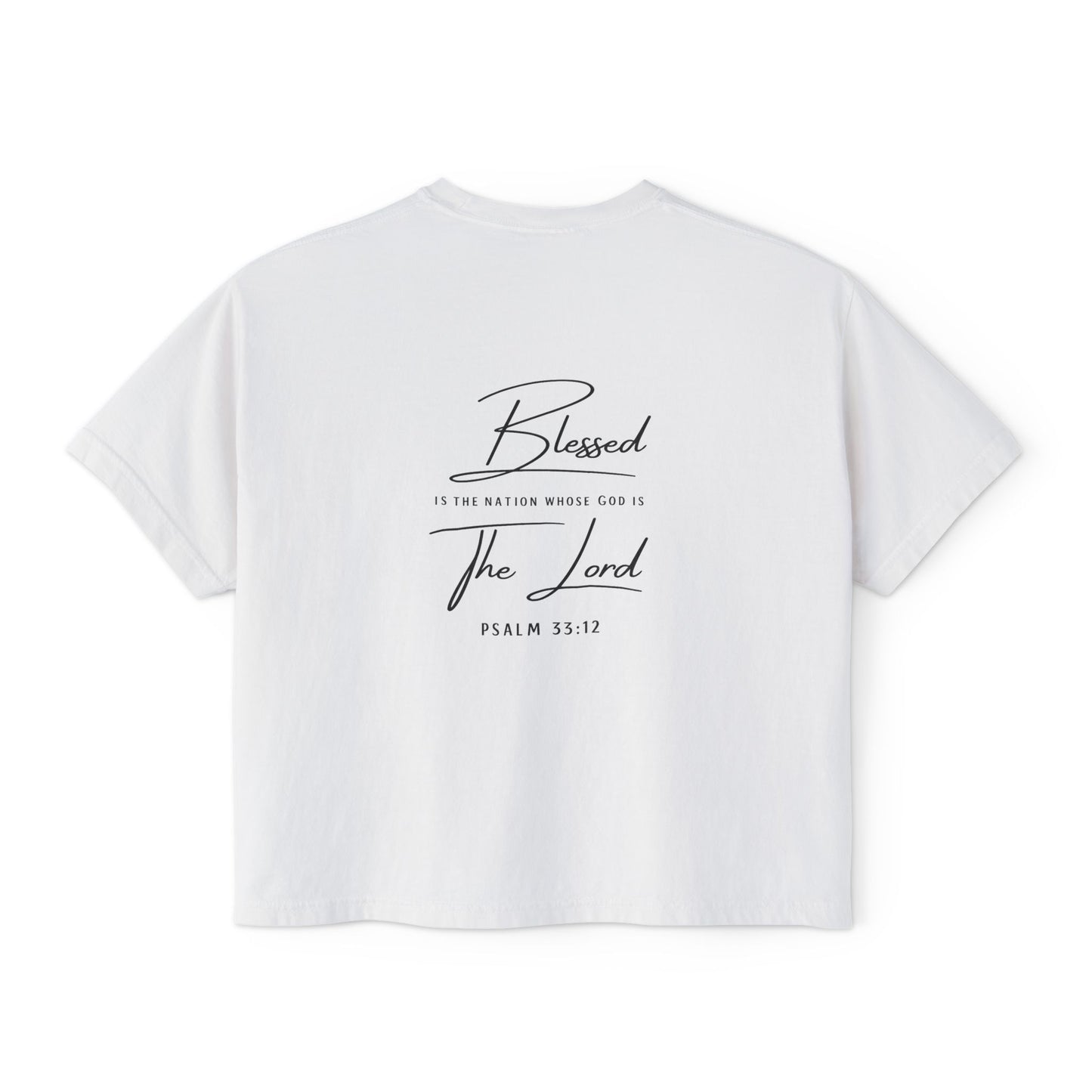 Blessed Tee — Women’s Boxy Christian T-Shirt with Flag Cross (Psalm 33:12)