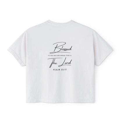 Blessed Tee — Women’s Boxy Christian T-Shirt with Flag Cross (Psalm 33:12)
